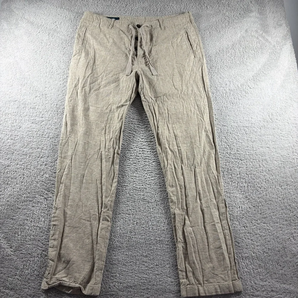Perry Ellis Linen Blend Pants Mens 34x32 Tan Khaki Button Fly Lightweight Dress